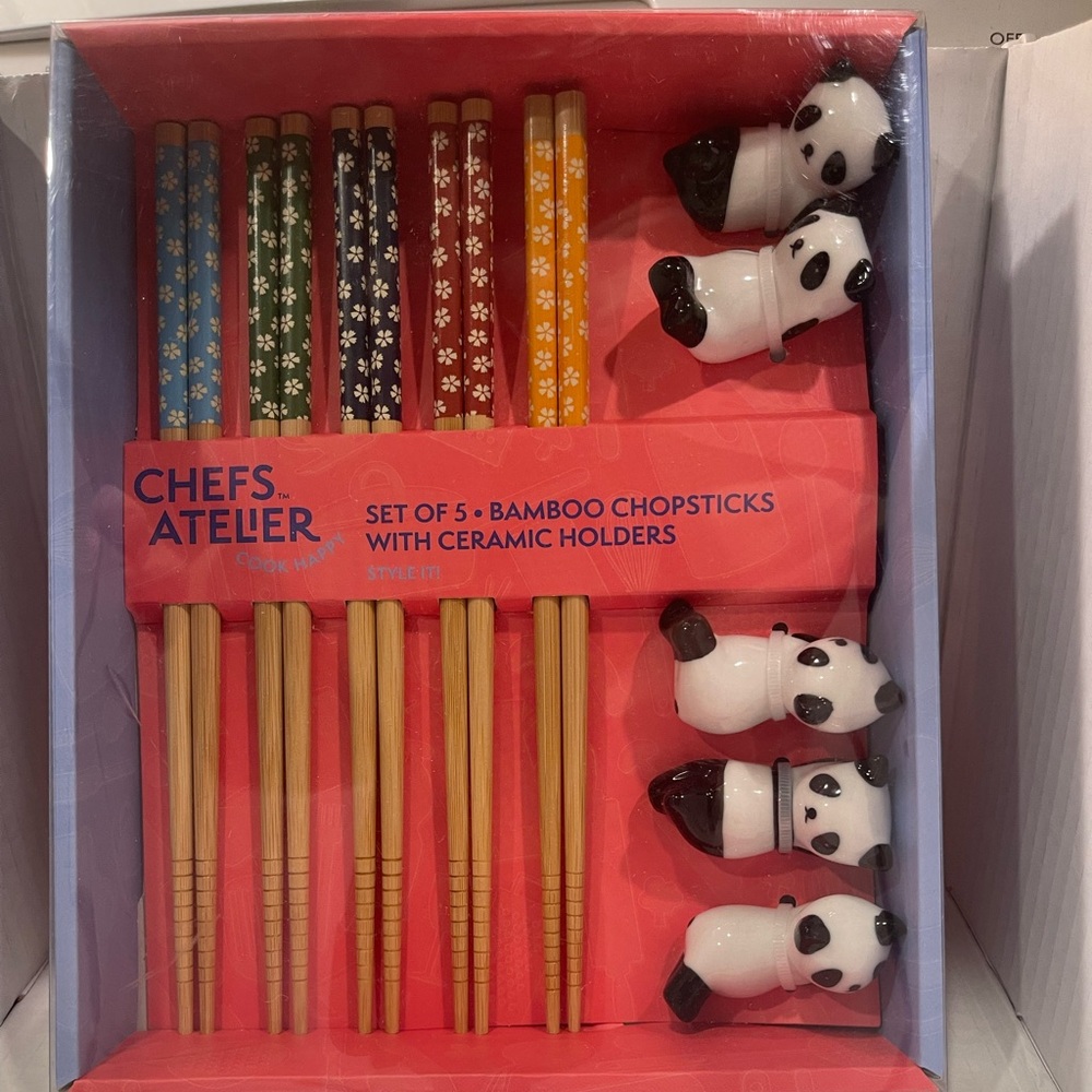 5 piece cute “new” bamboo chopsticks with 5 Panda ceramic chopstick rests.